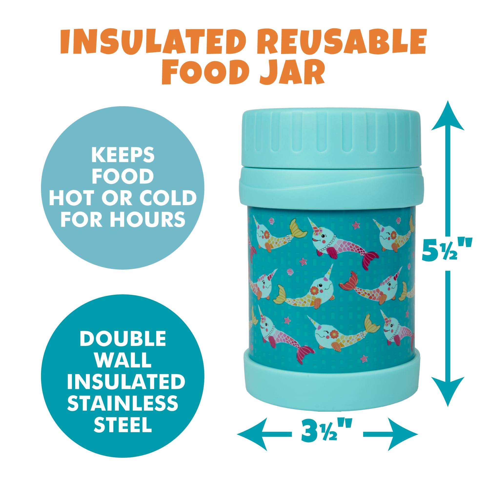Bentology Stainless Steel Insulated Lunch 13 oz Jar for Kids -Large Leak-Proof Storage Container for Hot & Cold Food  Soups  Liquids - BPA Free - Fits Most Lunch Boxes and Bags - Narwhal